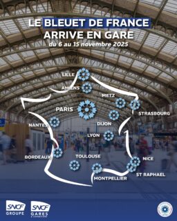 🚞 Le Bleuet de France arrive en gare

Du 6 au 15 novembre, 19 grandes gares françaises se transformeront en lieux de mémoire et de solidarité, à l'occasion du centenaire du Bleuet de France et des 10 ans des attentats de Paris.

Grâce à l’engagement du @groupesncf  et de @gares_connexions, les voyageurs pourront retrouver des stands du Bleuet de France pour faire un don, échanger, se souvenir et porter cette fleur symbole de résilience et d’unité nationale.

Soutenir le Bleuet de France, c’est aider les soldats blessés, les familles endeuillées, les pupilles de la Nation et les victimes d’actes de terrorisme.

📍 Où trouver votre bleuet ?
Paris (Lyon, Nord, Est, Montparnasse, Saint-Lazare, Austerlitz), Lille (Europe & Flandres), Lyon Part-Dieu, Bordeaux Saint-Jean, Nantes, Strasbourg, Toulouse Matabiau, Montpellier Saint-Roch, Metz, Amiens, Dijon, Nice et Saint-Raphaël.

Tous les fonds récoltés seront intégralement reversés à l’œuvre du Bleuet de France.

📅 Durant cette semaine de commémorations, portons le Bleuet côté cœur pour faire vivre la mémoire collective.

Ensemble, soyons la voix de ceux qui restent.