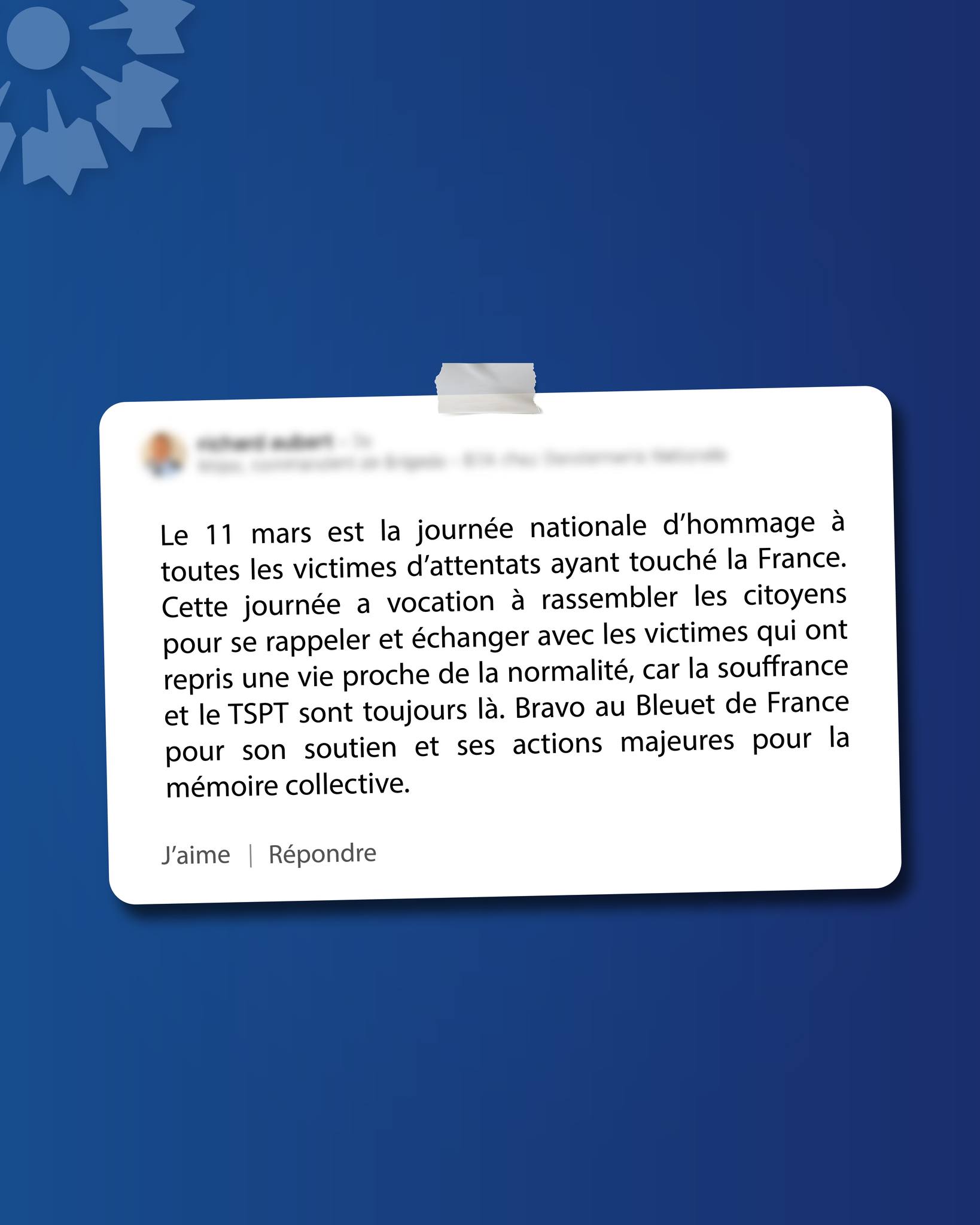 Le 11 mars, journée nationale d’hommage aux victimes du terrorisme, portons le Bleuet de France 🔵
Ne vivant que de dons, nous avons besoin de votre soutien pour poursuivre nos actions auprès de nos 25 000 bénéficiaires ➡️ lien en bio
#BleuetdeFrance #solidarité #11mars #hommage